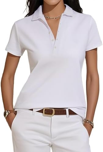Women's Short Sleeve Polo Shirts 2025 Summer Collared V Neck Button Down Blouse Business Casual Tops