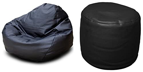 Sattva Classic Filled Bean Bag with Filled Round Pouffe (Size-XL, Black Color)