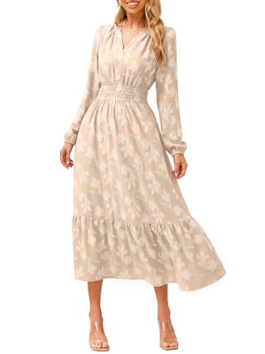 Simplee Women's Boho Floral Long Sleeve Maxi Dress Fall V Neck Empire Waist Swing Flowy Wedding Guest Dress Beige L