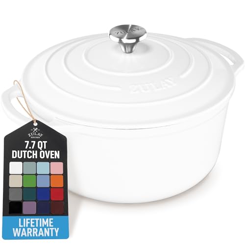 Image of Zulay Kitchen 7.7 Quart Enameled Cast Iron Dutch Oven Pot with Lid - Premium Durability & Oven Safe up to 500F - Heavy Duty Cookware Perfect for Bread Baking, Stews, Braising & Roasting - White