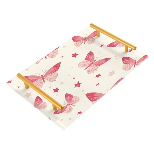 GUIJI Butterfly Acrylic Tray, Perfume Cosmetic Jewelry Decorative Trays Bathtub Organizer, Living Room Kitchen Serving Tray with Gold Handles