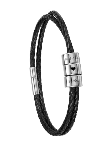 PiercingJak Partnerarmbänder mit Gravur 3 Namen Armband Schwarz Lederarmband geflochten Leder Kette Wickel Edelstahl Namensperlen ID Armreif Personalisierte Geschenke für Partner Frauen Familie