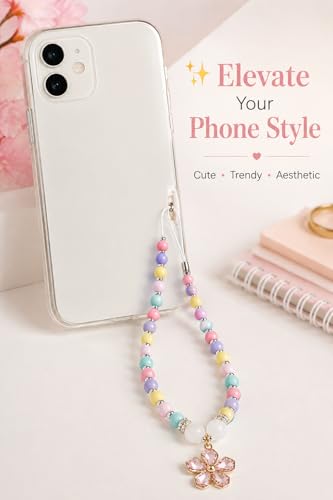 Image of Handmade Beaded Phone Charm Strap for Women & Girls | Aesthetic Mobile Charm | Pearl & Crystal Bead Wrist Strap | Cute Phone Bag Accessory | Korean Style