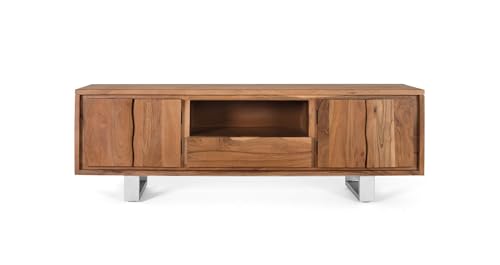 Mueble TV - Mueble de Televisión - Decoración Salón - Madera Maciza de Acacia y Metal – Frentes Continuos de Veta Natural – Almacenaje Bajo para Salón – Natural y Plateado – 56 × 170 × 40 cm