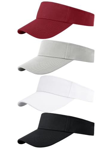 Cooraby 4 Pack Sports Visor Hats Adjustable Cap One Size Outdoor Sun Sports Visor for Women and Men (Burgundy, White, Grey, Black, 4)