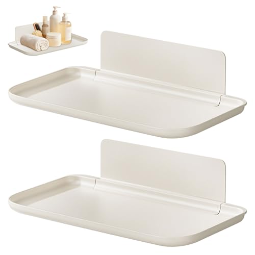 Othrion 2Pcs Foldable Wall Storage Holder Rack,Floating Shelves Self Adhesive,Plastic Floating Shelf Stick on Wall for Kitchen Bathroom Office,Perforation Free Bedroom Bedside Shelf,7 Inches(White)
