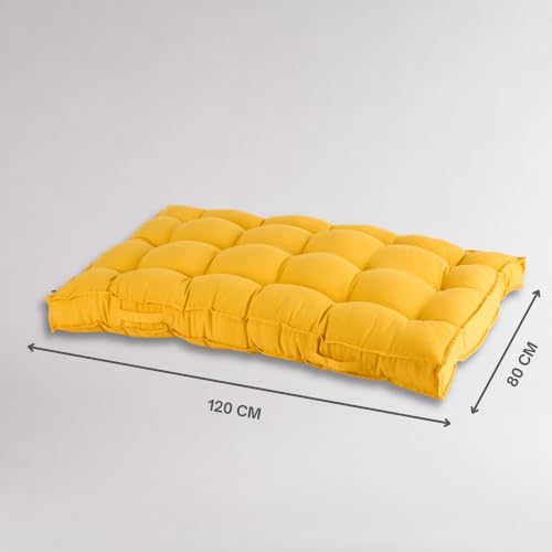 Image of SKANDA FAB Low Seating Cushion -100% Cotton Twill, Hand-Plotted Microfiber Filling, Floor Cushion with 2 Back Support Cushions - Ideal for Living Room, Balcony, Lounge- 80x120 Yellow (Pack of 1)