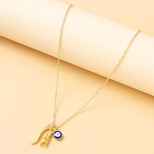 Dainty Blue Evil Eye Charm Horn Pendant Necklace for Women's Spiritual Protection Jewelry 14K Gold Plated4