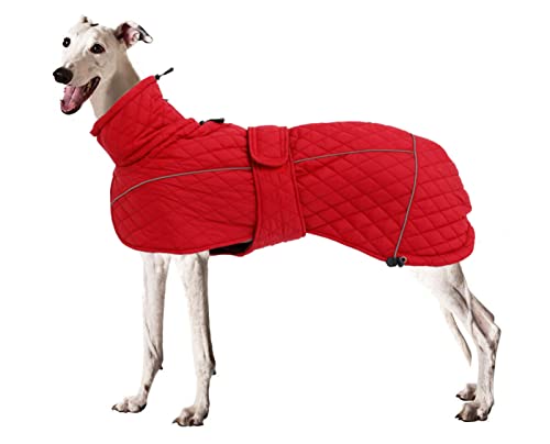 Greyhound Lurcher Winter Coat Whippet Warm Coat with Fleece Water Resistant Dog Jacket with Hook Loop Closure Zipper Harness Hole - Red - XXLarge