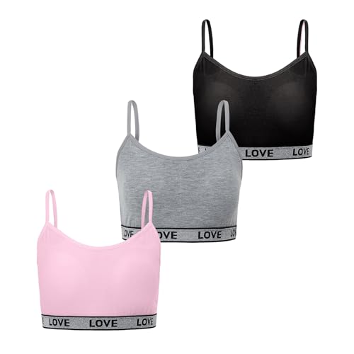 Girls Training Bra Teen Bras Cotton Camisole Bralette for Teens Kids Sports Bra 8-10 10-12 12-14 14-16 Years Old, Pink+Grey+Black