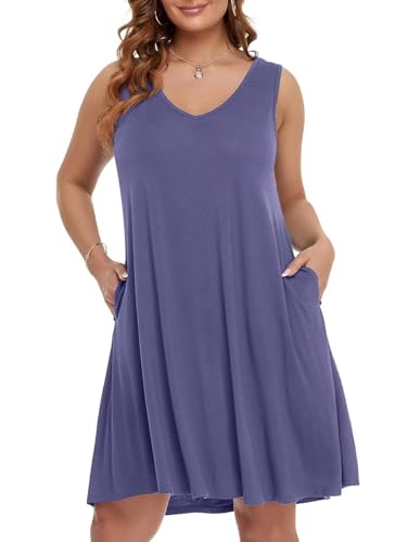 Image of BELAROI Women Casual Summer Beach Dresses Plus Size Sundress V Neck Pockets Swing Tank Dress Cover Ups
