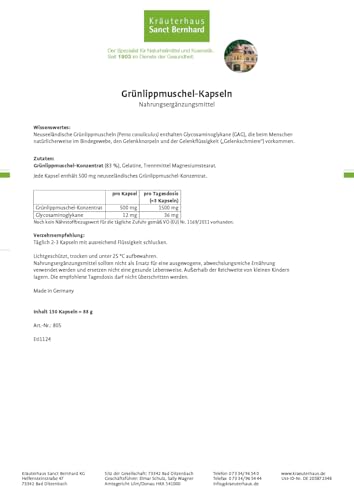 Sanct Bernhard Grünlippmuschel Kapseln Mensch | 2x 300 Kapseln hochdosiert | 500 mg neuseeländisches Grünlippmuschelextrakt für Menschen | Qualität aus deutscher Herstellung | Made in Germany