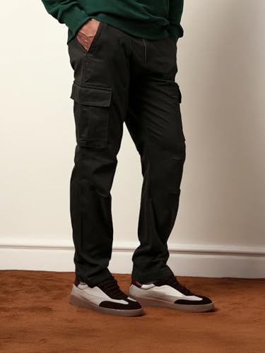 Image of Vogaan Men Solid Relaxed Fit Cotton Blend Cargo Trousers with Utility Pocket