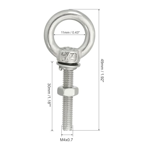 Image of uxcell M4*30 3 /16 inchx1.18 inch Stainless Steel Eye Bolts Threaded Screw Eyebolt Shoulder Ring with Nuts Washers for Lifting Hanging, 2 Set