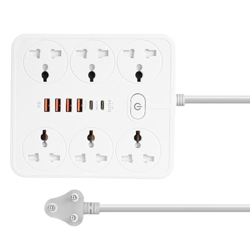 Image of Extension Board, Power Strip with 6 USB Ports and 3 Universal Socket, 2500W 10A Extension Cord, 3-Pin Surge Protector Power Strip for Home, Office, Computer, Mobile Charging (White-Z67)