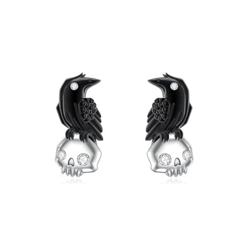 Diamond Skull and Raven Stud Earrings for Women 925 Sterling Silver Crow Jewelry Gifts