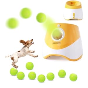 jovani Automatic Ball Launcher for Dogs, Small Dog Ball Thrower Launcher- Indoor/Outdoor Adjustable Distance 10-30ft Tennis Balls Thrower Including 2-inch Small Sized Tennis Balls (Orange-9 Balls)