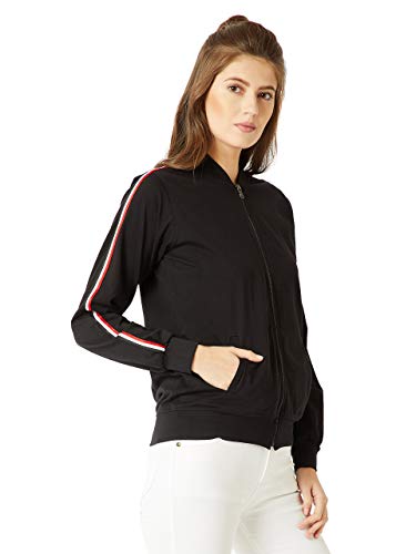 Image of Miss Chase Women's Black Round Neck Full Sleeves Solid Zippered Twill Tape Detailing Bomber Jacket
