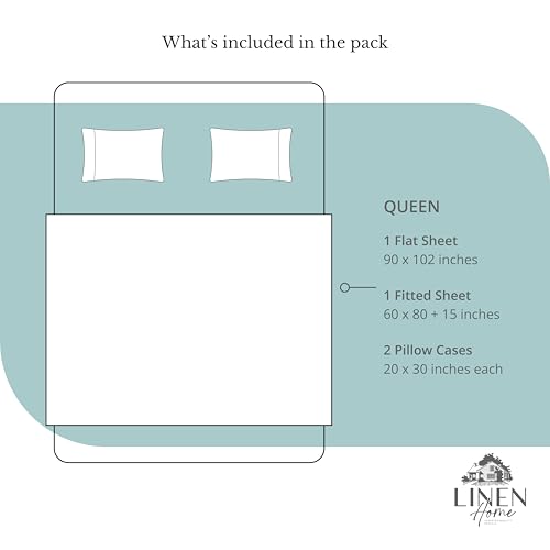 Image of Linen Home 100% Cotton Percale Sheets Queen Size, Aqua Blue, Deep Pocket, 4 Pieces Set - 1 Flat, 1 Deep Pocket Fitted Sheet and 2 Pillowcases, Crisp Cool and Strong Bed Linen