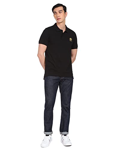 Men Black Solid Pique Knit Cotton Polo Shirt