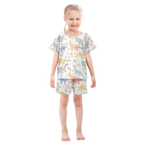 ALAZA Rainbow Flower Dinosaur Pajamas Set Short Sleeve Cotton Sleepwear Summer Pjs 2 Piece 5-14Y3