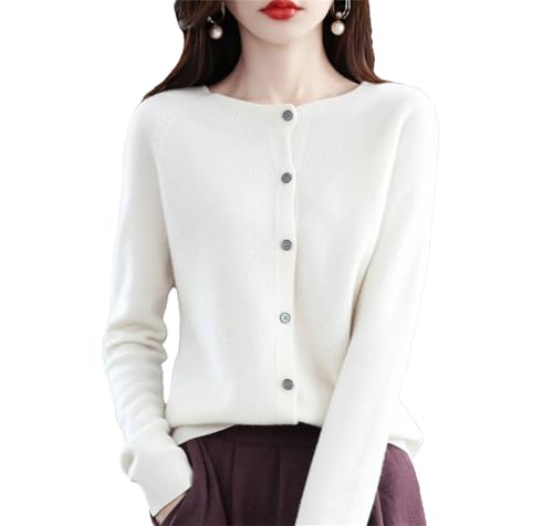 Women’s Classic Merino Wool Blend Cardigan – Cashmere O-Neck Sweater,