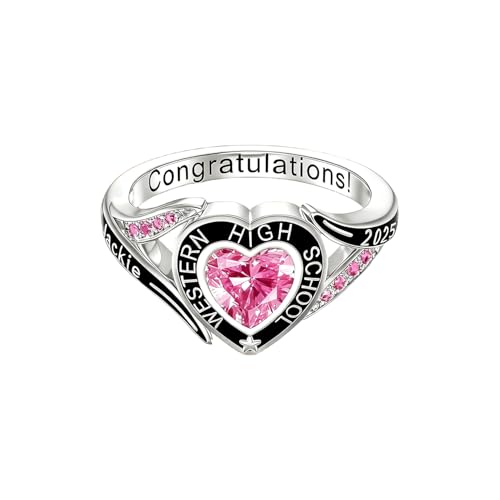 Anillo de graduación grabado personalizado con piedra natal de corazón, regalo de graduación, anillos de clase personalizados para mujeres, escuela secundaria, anillos personalizados para mujeres