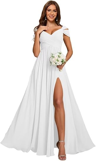 ZOOYYUE Abendkleid Damen Lang Blau,Damen Off Shoulder Chiffon Brautjungfernkleider Lang - Formeller A-Linie V-Ausschnitt Lang Abendkleider Elegant...