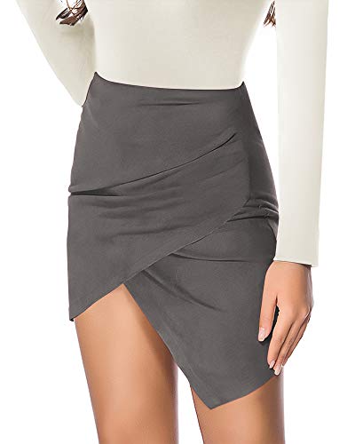 Image of MANGOPOP Women's Basic Faux Suede High Waist A-line Mini Pencil Bodycon Skirt (B03 Grey(Asymmetrical), Large)