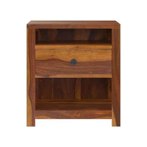 Image of Solid Sheesham Wood Bedside Table for Bedroom | Handmade Pure Wooden Bed Side Nightstand End Table with 1 Drawers & 2 Open Shelf Storage for Home & Bed Room | Rosewood, Brown