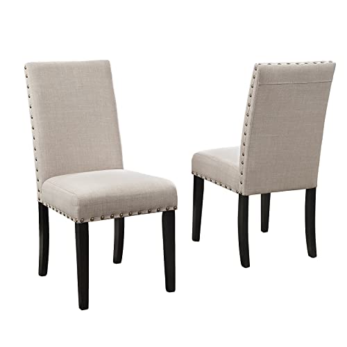 Roundhill Furniture Biony Fabric Dining Chairs with Nailhead Trim, Set of 2, Tan