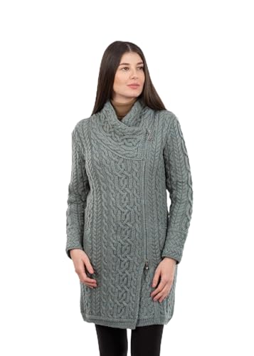 Image of SAOL Ladies Irish Aran Zip Cardigan - 100% Merino Wool Coat with Pockets and Hood, Made in Ireland