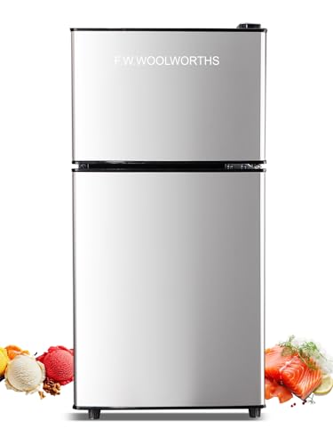 Image of F.W.WOOLWORTHS 3.5 Cu.Ft Compact Refrigerator with Freezer, Retro Small Fridge with Adjustable Thermostat Control, Mini Fridge with 2 Door, Ideal for Dorm, Office, RV, Home, Silver