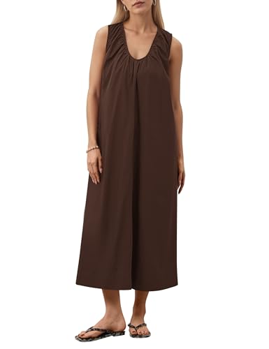 Maxi Dress for Women Sleeveless Long Summer Sundresses Flowy Vacation Beach Cotton Dress with Pockets