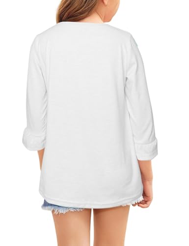 Image of Girls Summer 3 /4 Length Sleeve Tops Casual Cute Shirts Ruffle Bell Sleeve Front Pleated Blouses