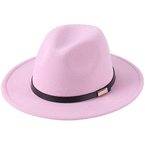Lanzom Women Lady Retro Wide Brim Floppy Panama Hat Belt Buckle Wool Fedora Hat, 01-pink, One size