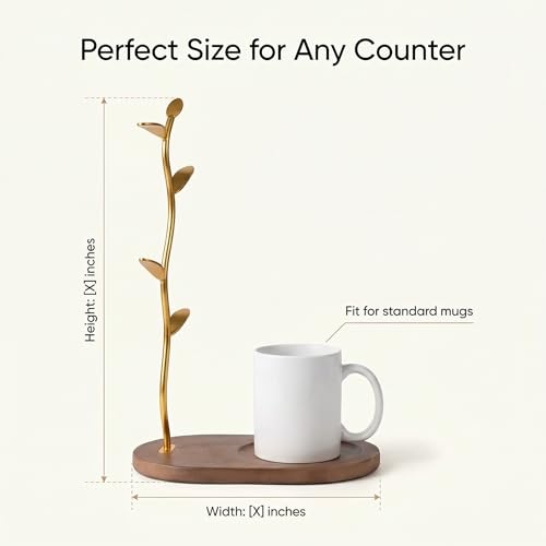 ZOESEEK Gold Coffee Mug Tree with Wooden Base, 5-Hook Coffee Mug Stand for Kitchen Counter, Elegant Metal Mug Tree for Counter, Mug Holder for Coffee Mugs, Tea Cups, Home Decor & Housewarming Gift — view 3