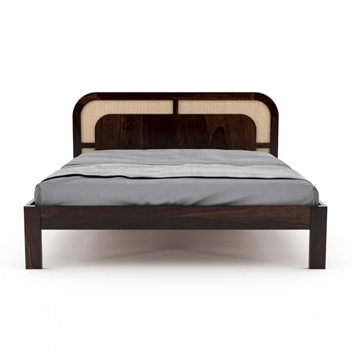 Image of Solid Sheesham Wood Queen Size Bed Without Storage for Bedroom Living Room | Wooden Double Bed Cot for Home Hotel | (Walnut Finish- Indian, Queen Size)