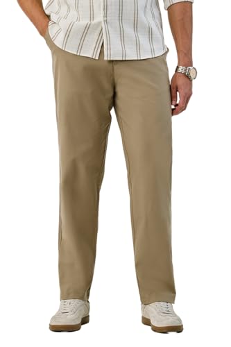 Image of SNITCH Men Casual Trousers| Baggy Fit Mid Rise Solid Plain Front Style | Breathable Cotton Blend & Lightweight Linen Fabric for Summer & Everyday Outings