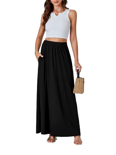 Women's Casual Elastic High Waist Flowy Hem A Line Maxi Long Skirt with Pockets4