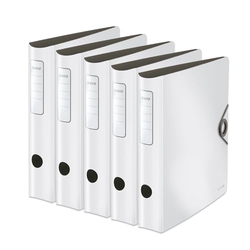 Leitz Qualitäts-Ordner 180° Active Solid, 5er Pack, A4, Schmal, Abgerundeter Rücken, 6,5 cm breit, Gummibandverschluss, Leichtes Polyfoam, Plastik-Ordner, Weiß, 10481001