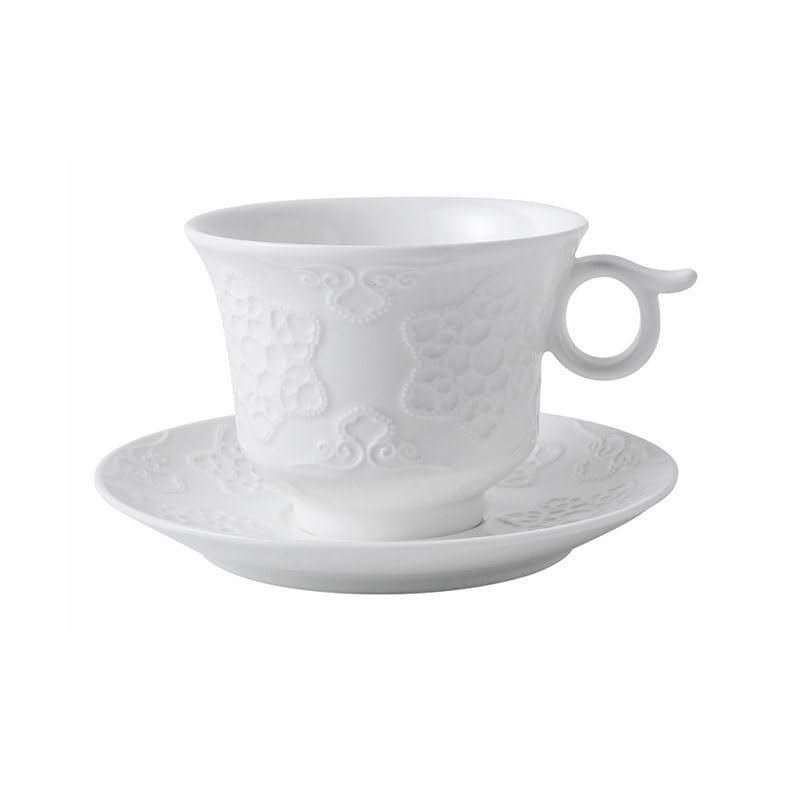 Porcelanowy kubek do kawy ze spodkiem, Światło Zestaw filiżanek i spodków do kawy z europejską płaskorzeźbą, popołudniowej herbaty, biały 12,5 x 8,7 cm