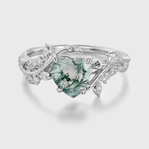 1CT Natural Moss Agate Engagement Rings for Women Nature Inspired Moss Agate Engagement Rings 925 Sterling Silver/10K/14K/18K Gold Wedding Rings for Wife Bridal Anniversary Promise Rings4