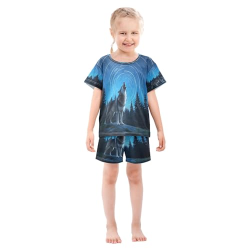 ALAZA Wolf Starry Sky Howling Pajamas Set Short Sleeve Cotton Sleepwear Summer Pjs 2 Piece 5-14Y3