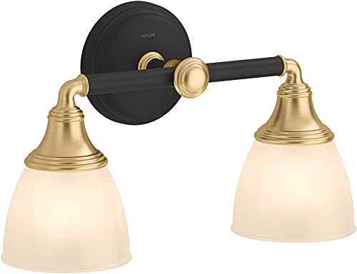Image of Kohler Devonshire Bathroom Vanity Light Fixture, Wall Sconce Lighting, Position Facing Up or Down, UL Listed, 2 Light, Black with Brass Trim