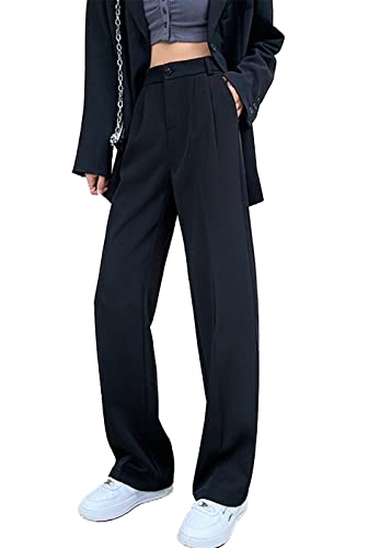 Cocoinsity Women Casual Suit Pants High Waist Solid Button Down Straight Loose Trousers