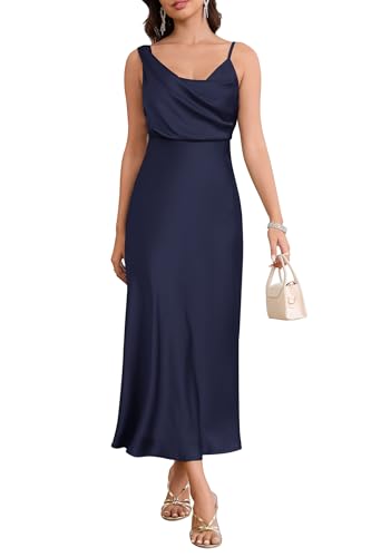 Image of Women's Summer Satin Dress Elegant Cowl Neck Adjustable Spaghetti Strap Wedding Guest Cocktail Party Maxi Dresses
