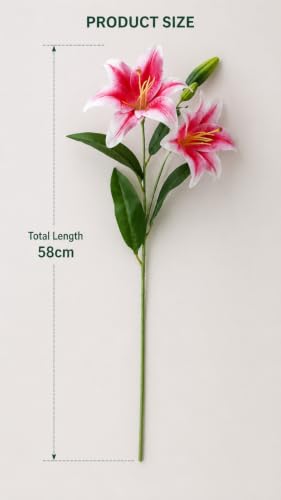Image of CURATED CART 1 Pcs Lily Artificial Flowers Bunch for Home Decoration - Big Lily Bouquet for Home Decor - Real Touch Faux Latex Long Stem - Includes 2 Flowers and 1 Half Bloom Bud - Dark Pink