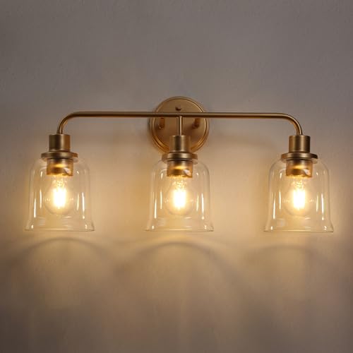 Image of KSANA Gold Bathroom Vanity Light Fixtures with Clear Glass Shade, 3-Light Modern Bathroom Vanity Lights Over Mirror, 22.8 inchx7.3 inchx10.8 inch
