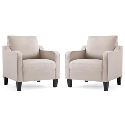 Image of Mid-Century Modern Accent Chairs Set of 2, Living Room Chairs, Comfy Reading Armchair, Upholstered Small Sofa Chair for Bedroom, Office, Beige